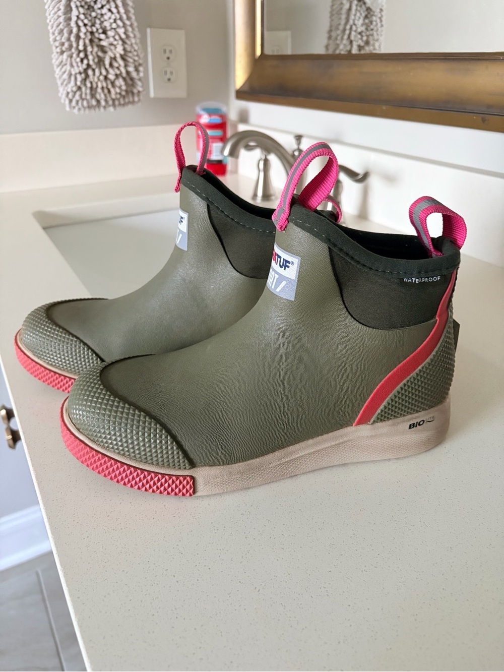 Waterproof Olive and Pink Women's Ankle Rain Boots